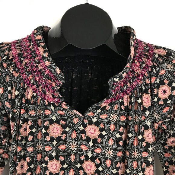 Lucky Brand Circle Diamond Smocked Blouse Women's Size Small Stretch Knit Boho - Picture 3 of 11